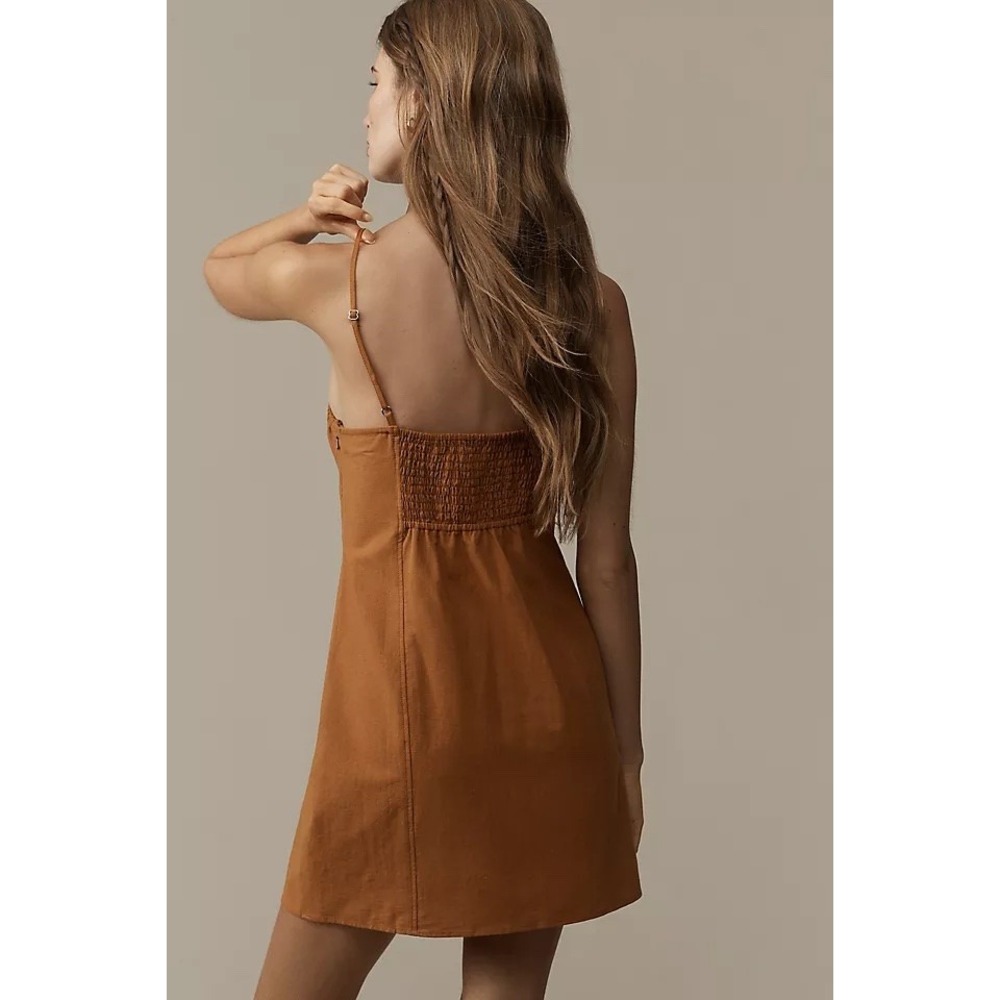 Anthropologie NEW Tan Linen Tie Front Smocked Mini Dress 2X Boho Coastal Curvy - Picture 2 of 9